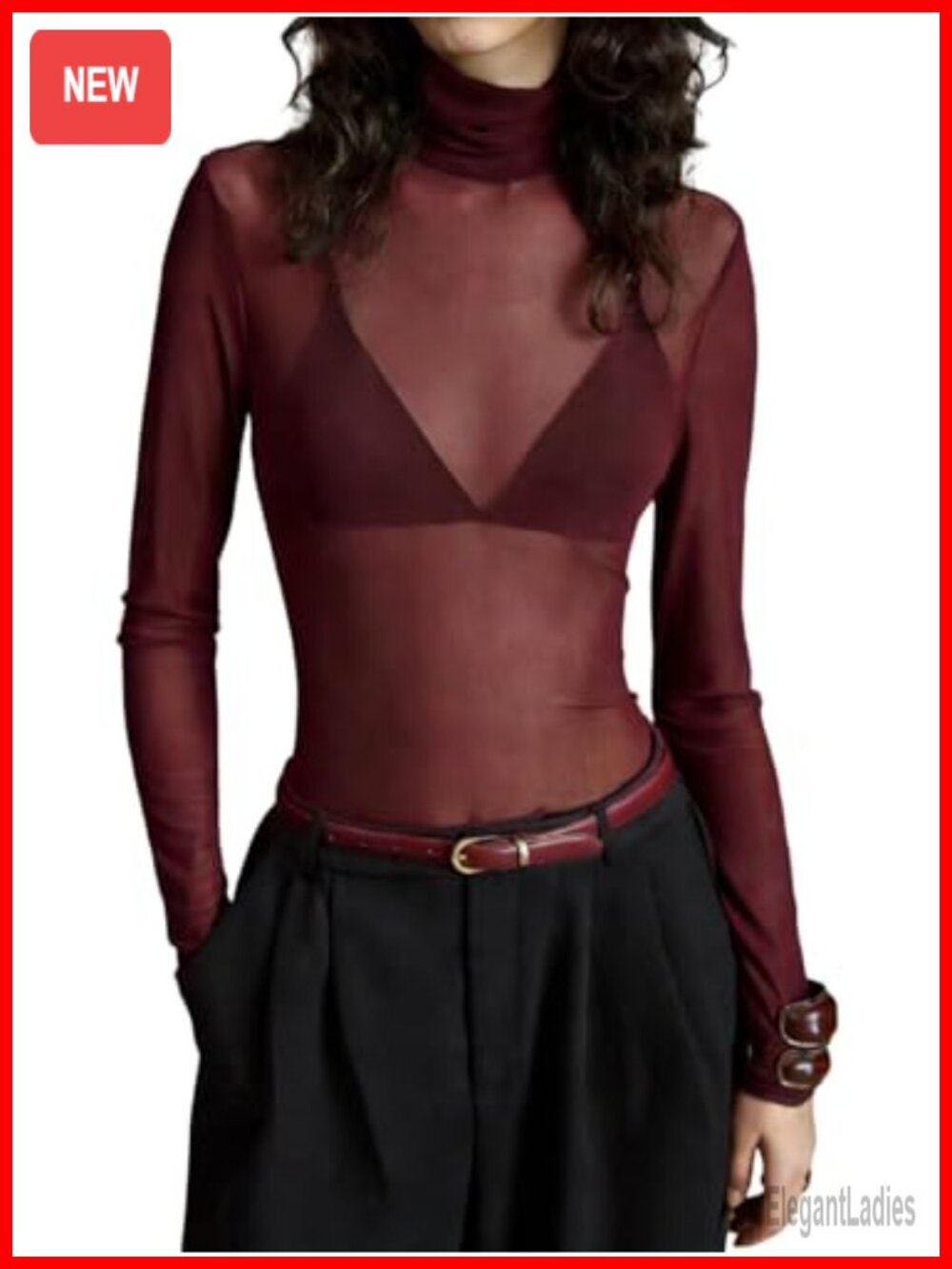 Women's Sheer Mesh Turtleneck Long Sleeve See Through Top Slim Fit